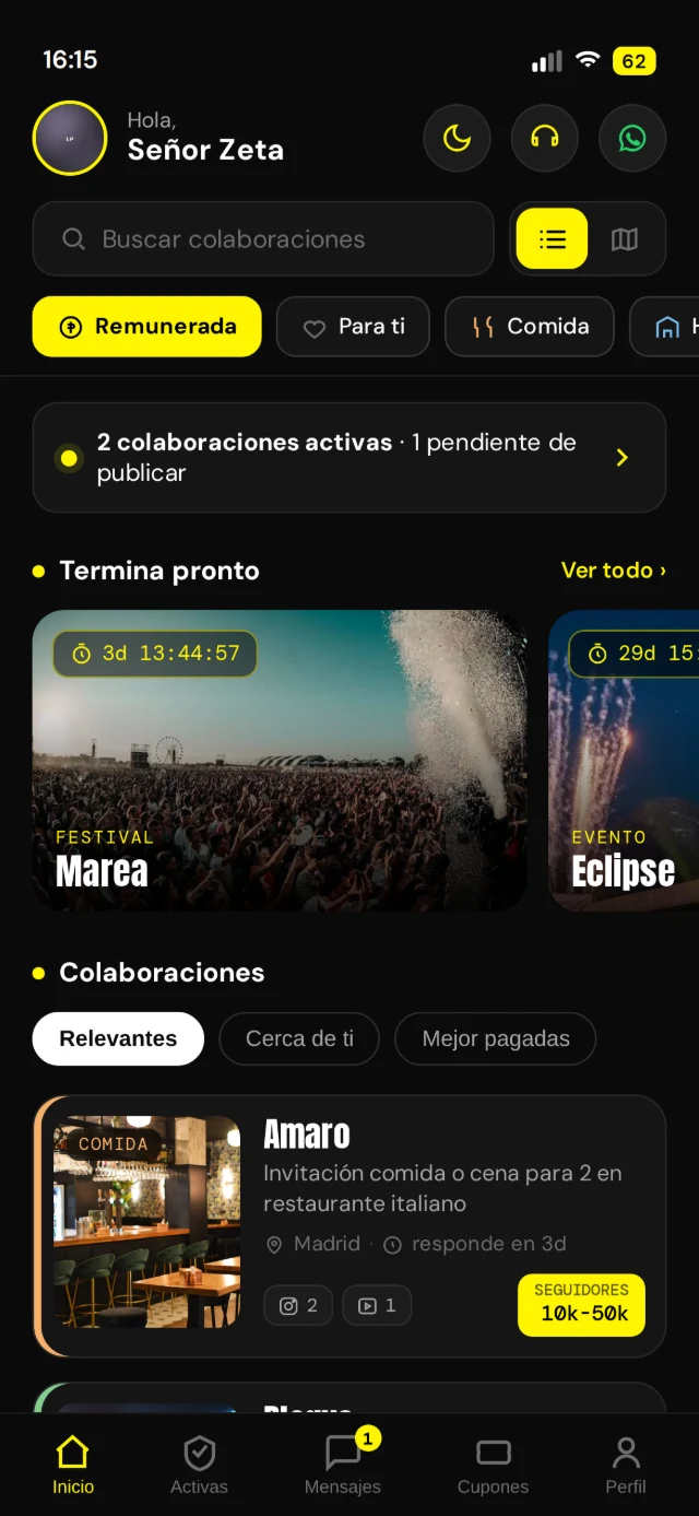 Listado de colaboraciones disponibles en la app de VIVIO
