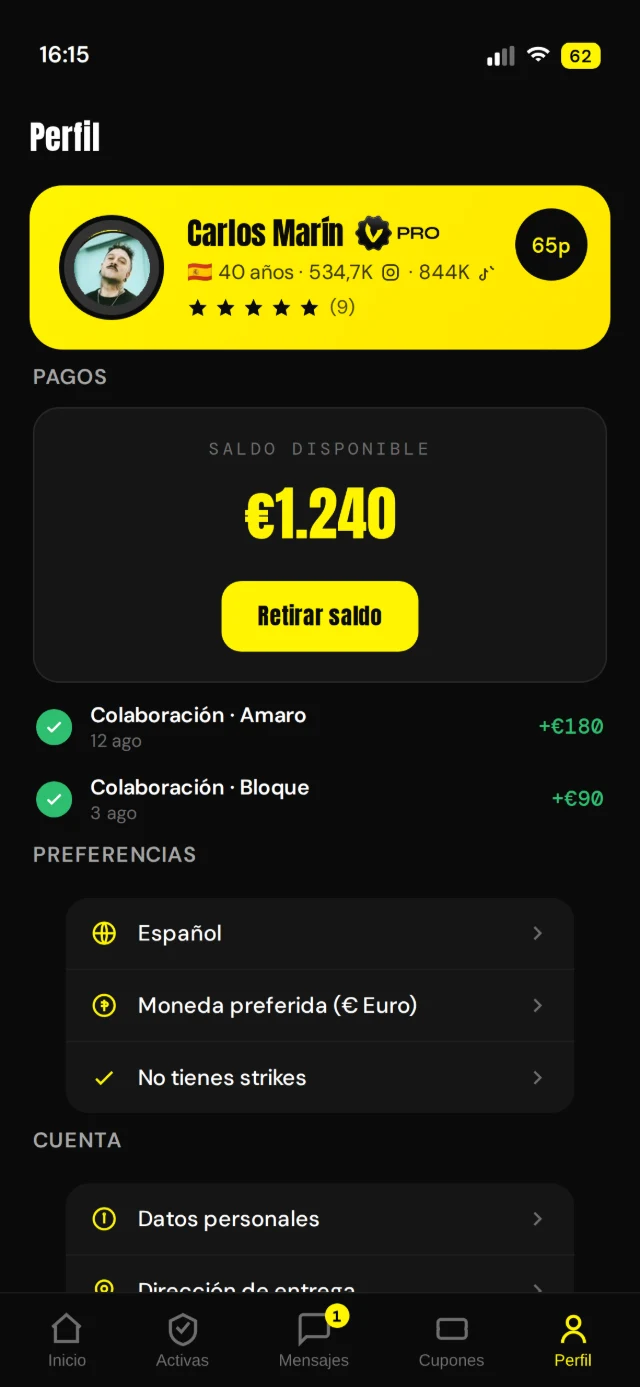 Perfil y pagos del creador en la app de VIVIO